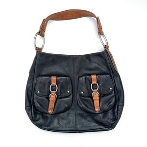 Sigrid Olsen Black Leather Belted Pockets Shoulder Hobo Bag